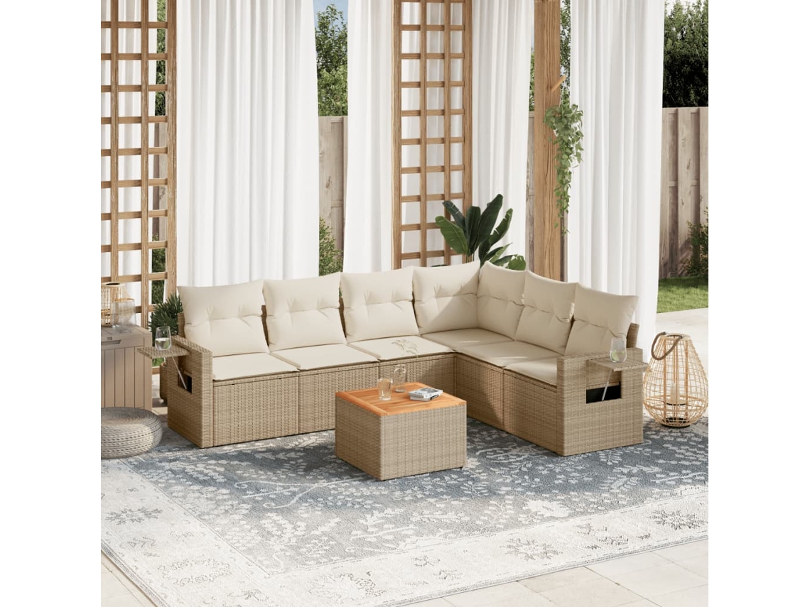 Vidaxl 7 Pcs Conjunto De Sofás P/ Jardim Com Almofadões Vime Pe Bege