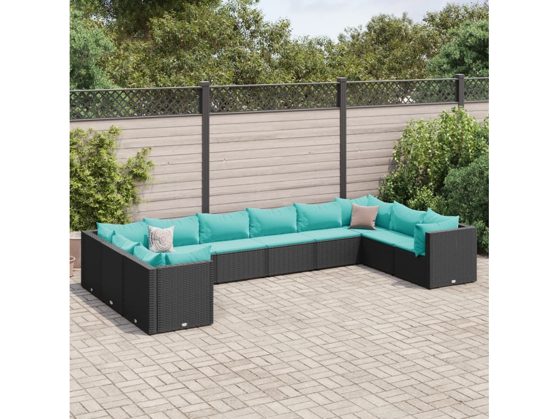 Vidaxl 10 Pcs Conjunto Lounge De Jardim C/ Almofadões Vime Pe Preto