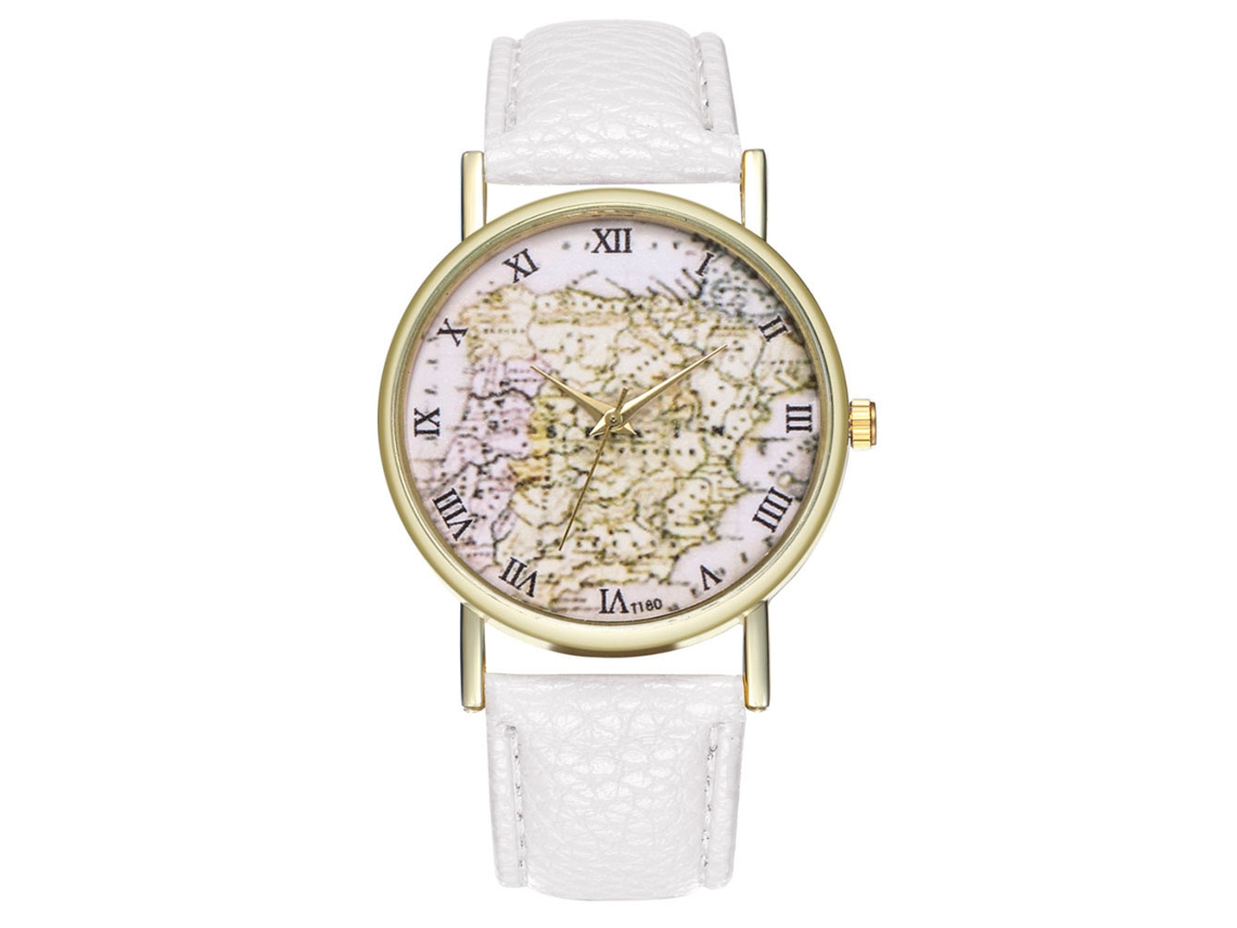 Reloj De Cuero Pu Unisex Con Patrón De Mapa Reloj De Cuarzo Blanco Zhoulianfa