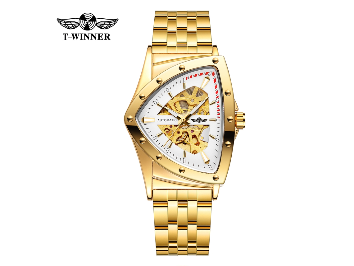 (Estilo 3) Relógio mecânico moderno e casual com pulseira de aço esqueletizada com triângulos.