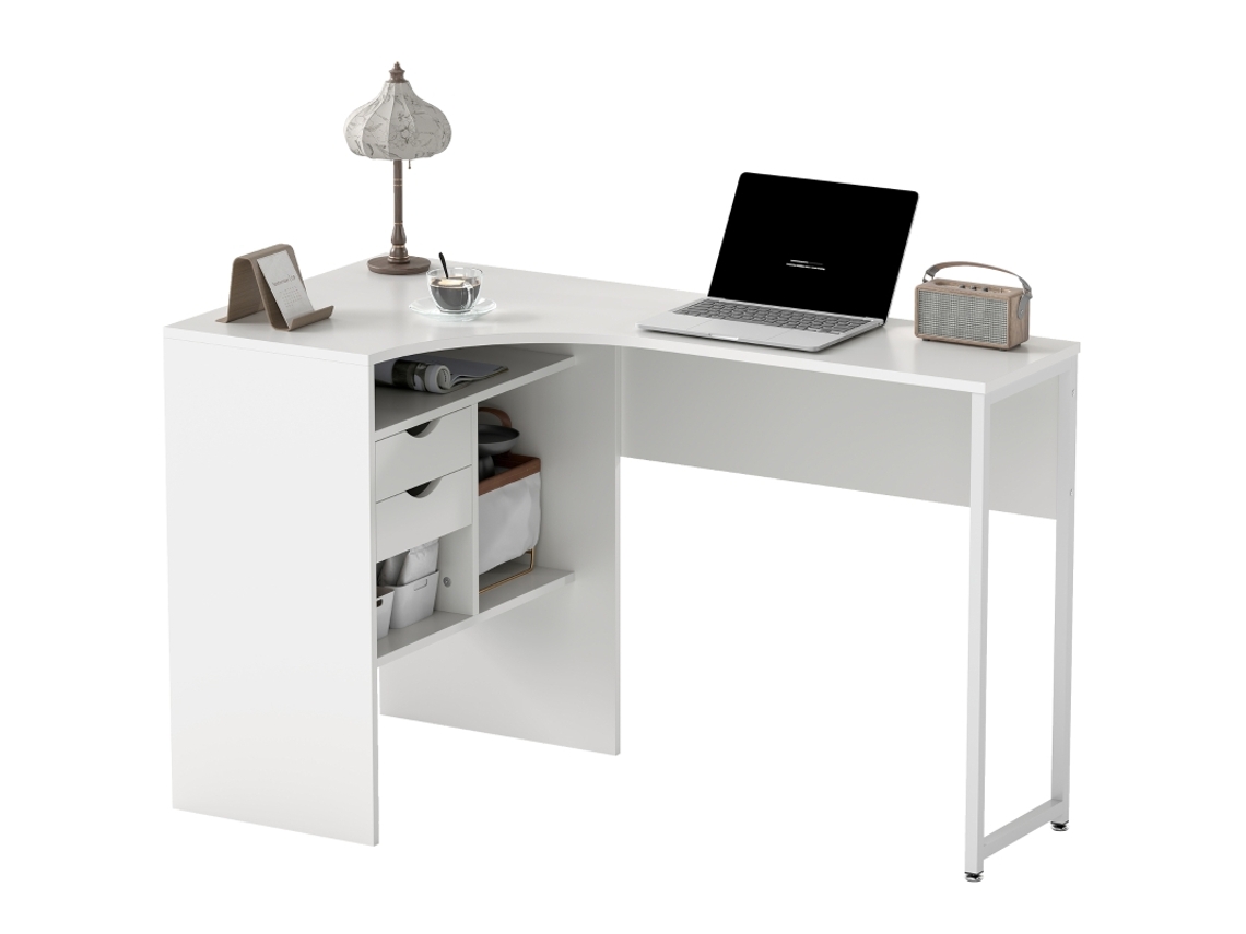 Mesa De Canto Para Computador Com 2 Gavetas E 3 Prateleiras Abertas, 120x60x74 Cm, Branco Moderno Bga Store