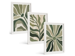 Conjunto De Pinturas Padrões De Plantas Em Bege E Verde Espelharte (3 Peças 40x60 Cm)