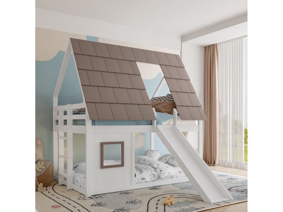 Cama De Andar 140x200 Branco+marrom Com Telhado Escada Rampa