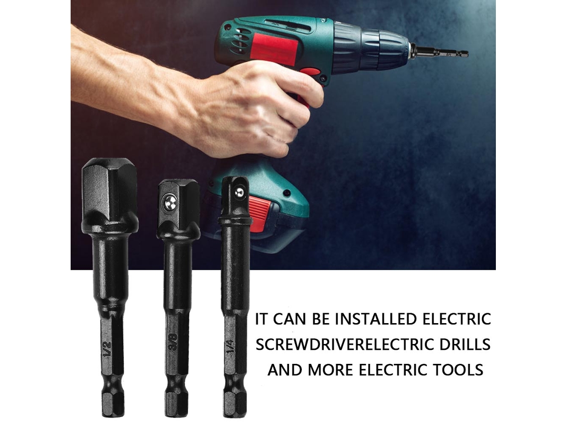 3 Peças Adaptador De Soquete Com Cabo Hexagonal 1/4" Para Cabeça Quadrada 1/4" 3/8" 1/2" Para Furadeira