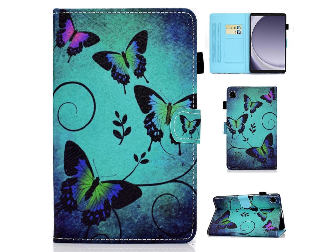 Capa protetora de couro PU costurado TPU para Samsung Galaxy Tab A9 com compartimentos para cartão, borboleta verde Hengrongshen