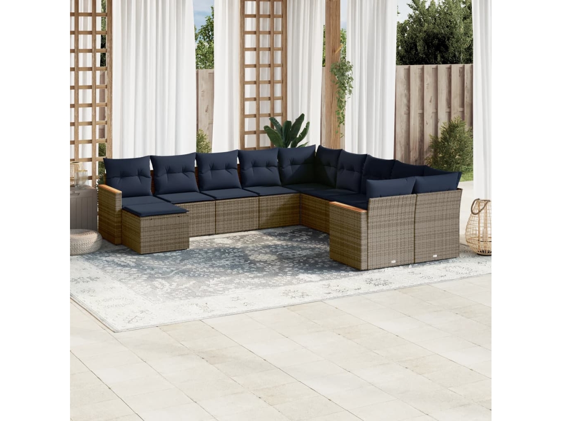 Conjunto de Sofá de Jardim de 3 Peças com Almofadas em Rattan Sintético Cinza VIDAXL