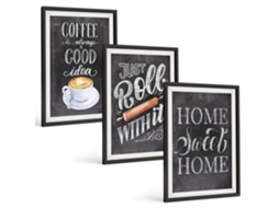 Pinturas Murais Modernas Café, Rolo, Aconchego Do Lar Moldura Preta Quadros Para A Sala De Estar Espelharte (3 Piezas De 40x60 Cm)