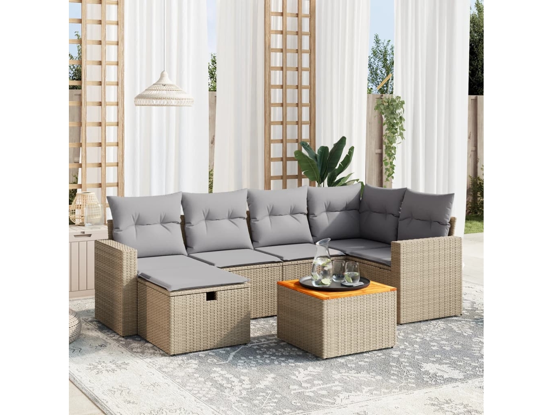 Vidaxl 7 Pcs Conj. Sofás Jardim C/ Almofadões Vime Pe Bege Misturado