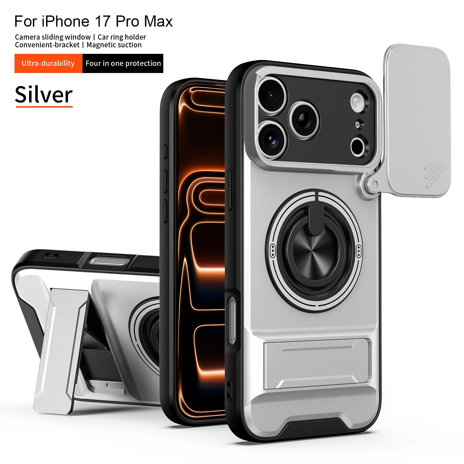 Capa Protetora Para Câmera (iphone 14 Plus Prateado) Com Suporte, Resistente A Impactos, Com Fecho Magnético.