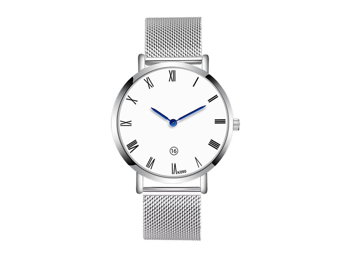 Relógio masculino com numerais romanos, pulseira de malha de aço, movimento de quartzo, prateado.