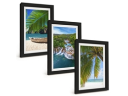 Um Conjunto De Imagens Decorativas Em Uma Moldurapraia, Barco, Cachoeiras, Palmeiras Moldura Preta Pinturas De Quarto Espelharte (3 Peças 20x30 Cm)