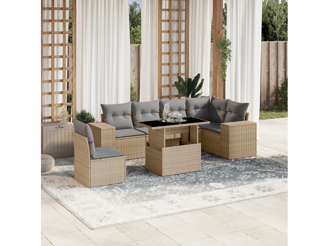 Vidaxl 7 Pcs Conjunto De Sofás P/ Jardim Com Almofadões Vime Pe Bege