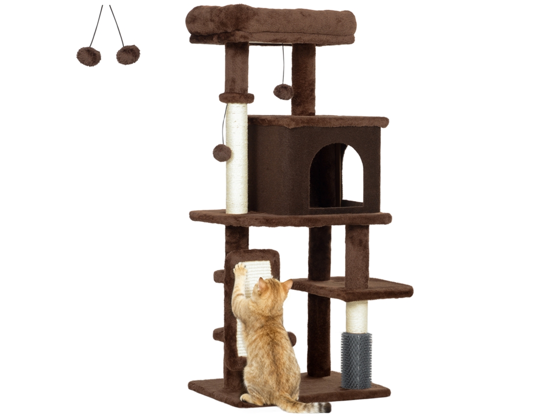 Árvore de Arranhão para Gatos 104 Cm com Plataformas, Vara com Pincel, Bolas Penduradas e Almofada de Arranhar Marrom Ge