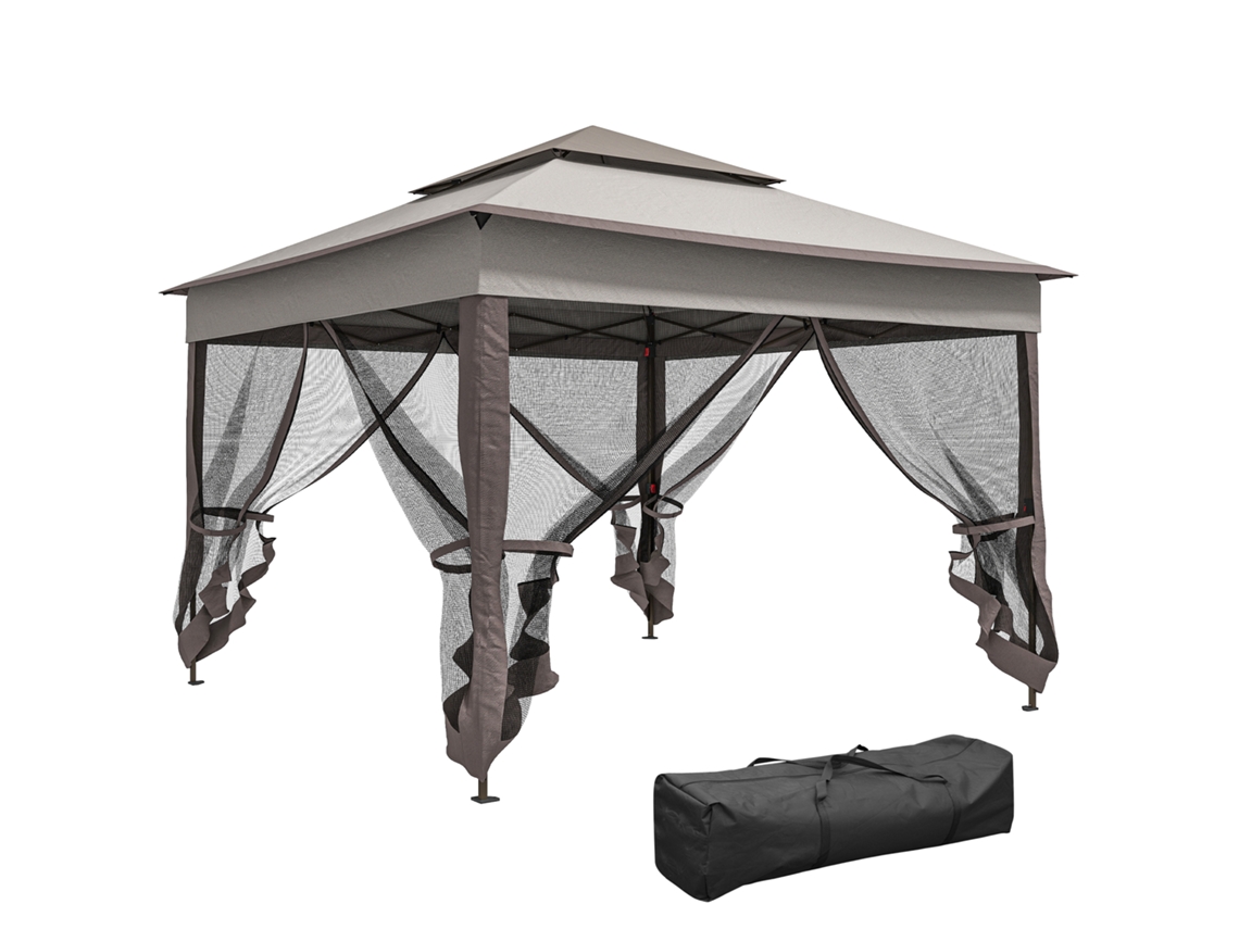 Pavillon Dobrável 3,25x3,25x2,7m Com Lados Fechados, Tenda De Jardim, Proteção Contra Sol E Vento, Cinza