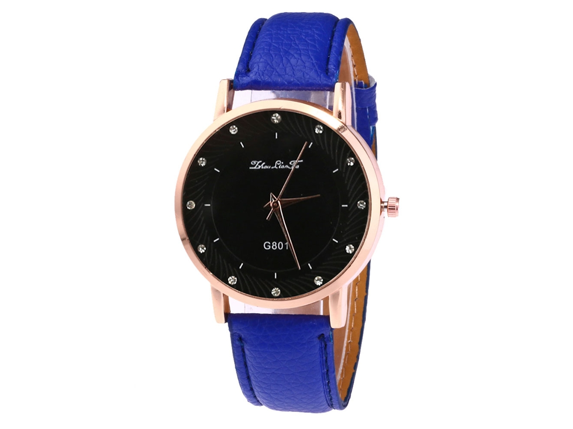 Relógio de quartzo com pulseira de couro PU, mostrador redondo, decoração com strass, unissex, azul.