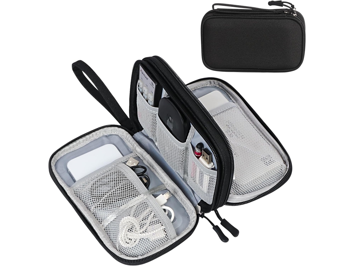 Bolsa Organizadora Dupla Preta Para Acessórios Eletrónicos 19×11×6,5cm, Portátil Com Alça Para Cabos