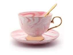 2026 taza de Café Y Té de Porcelana Fina Con Platillo Y Cuchara Borde Dorado Rosa 200ml