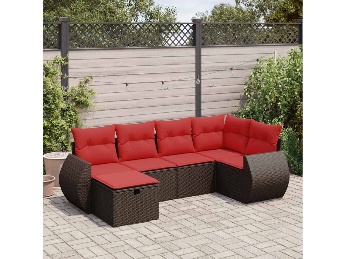 Vidaxl 6 Pcs Conjunto De Sofás Jardim C/ Almofadões Vime Pe Castanho