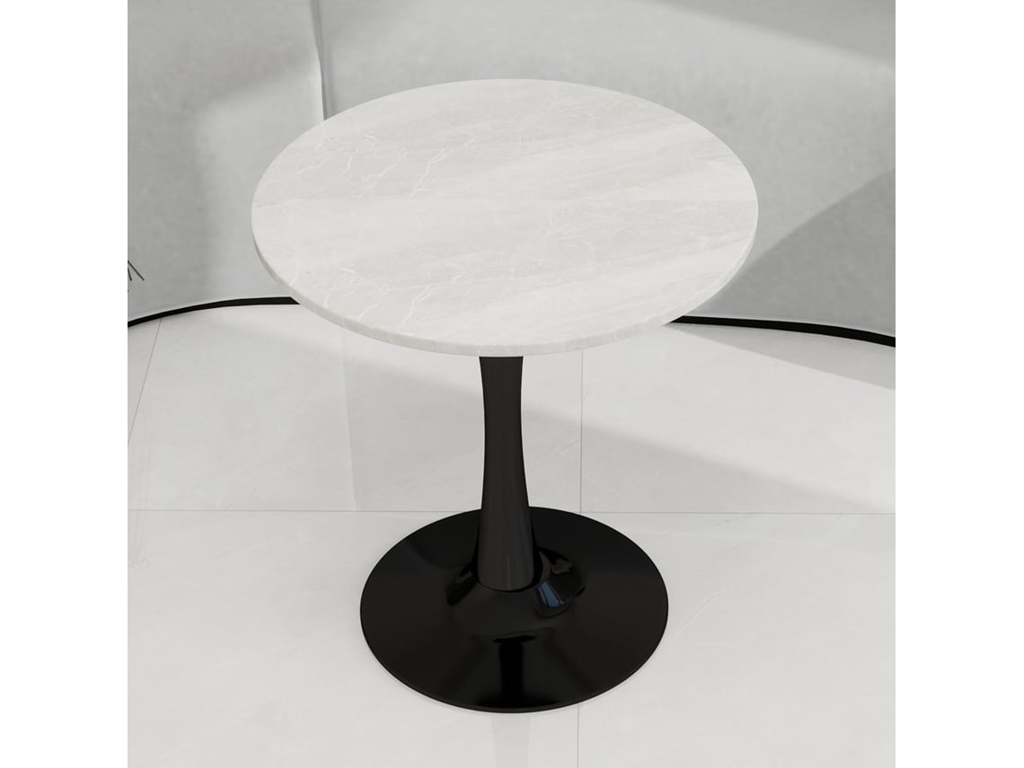 Mesa De Centro Preta De 70cm (27,6 Polegadas), Com Tampo Redondo De Mármore, Com Veios Brancos