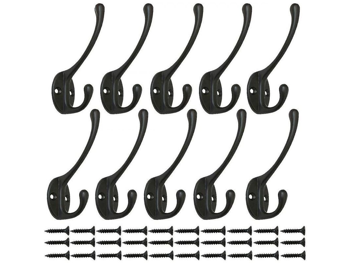 10 Ganchos de Parede Vintage Negros com Parafusos, Capacidade até 15kg, Design Retro