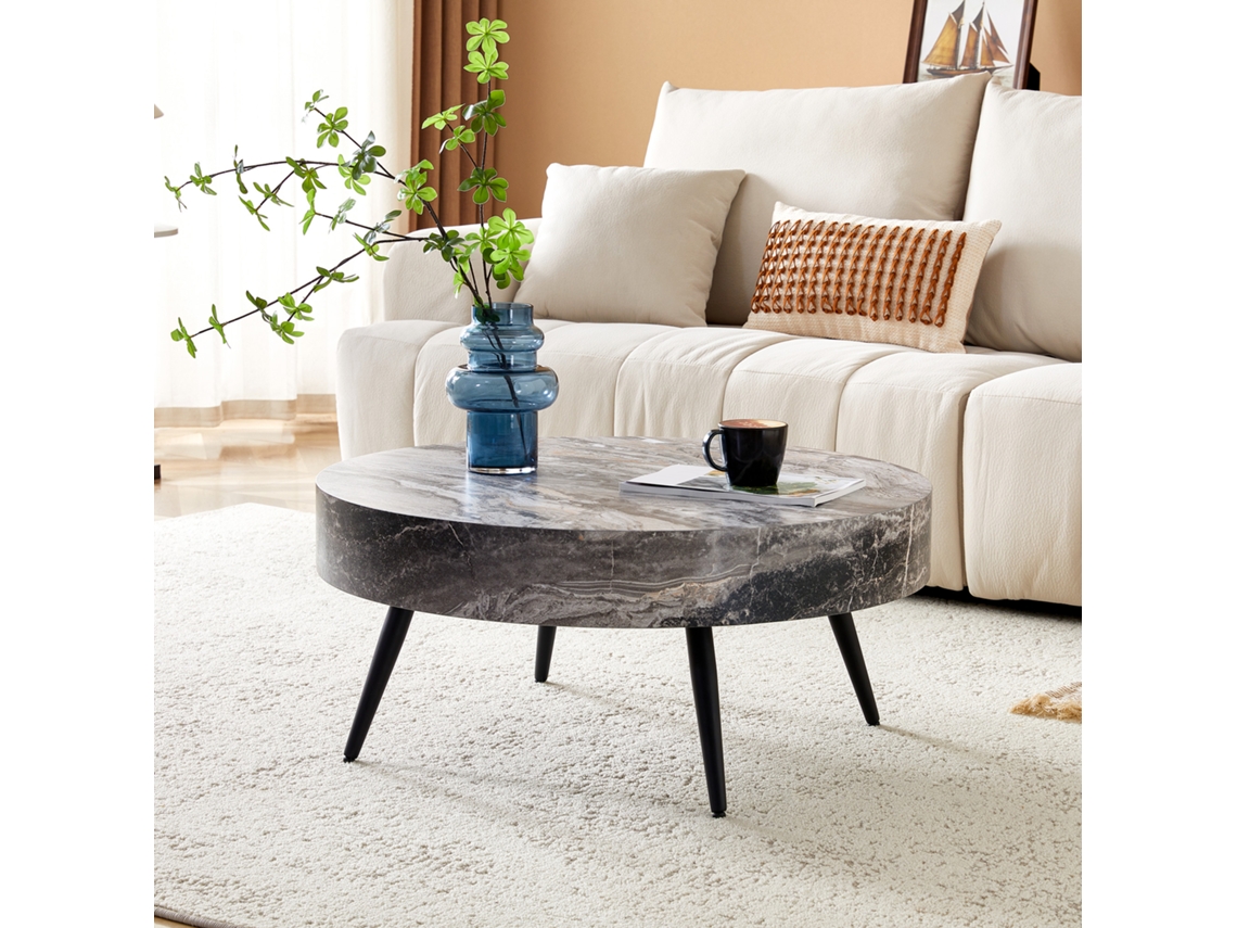 Mesa Centro Redonda Mdf Mármore Cinza Metal Preto 70cm