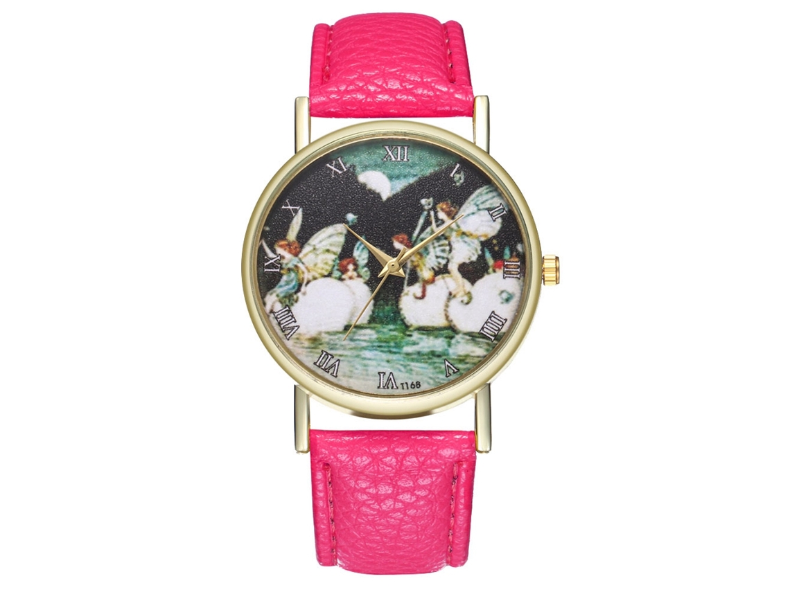 Relógio de pescoço feminino estilo estudante com movimento de quartzo vermelho rosa.