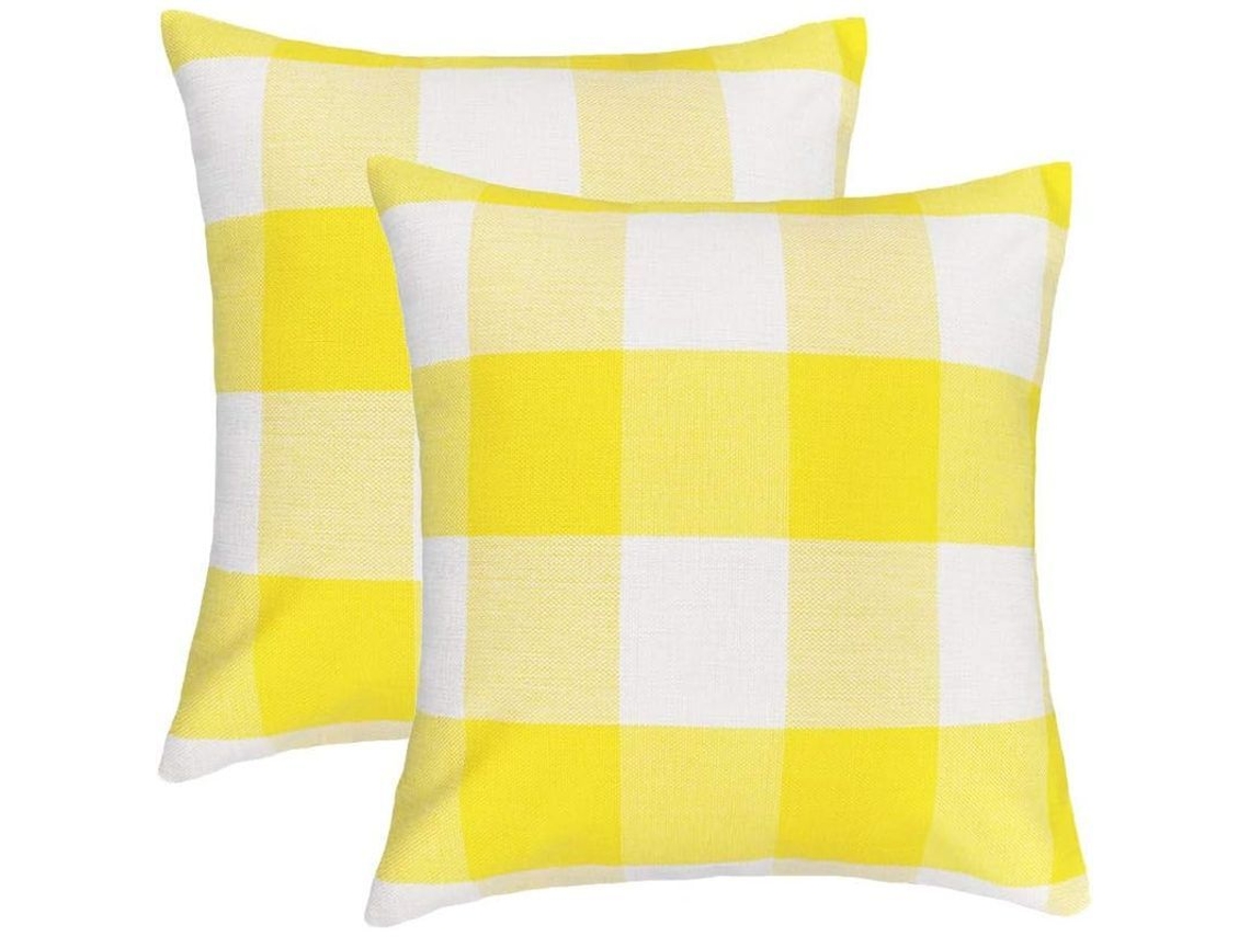 2026 funda de Travesseiro de Quadriculado Búfalo Estilo Rural, 18x18 Polegadas, Amarelo e Branco, 2 Peças, Poliéster Linho