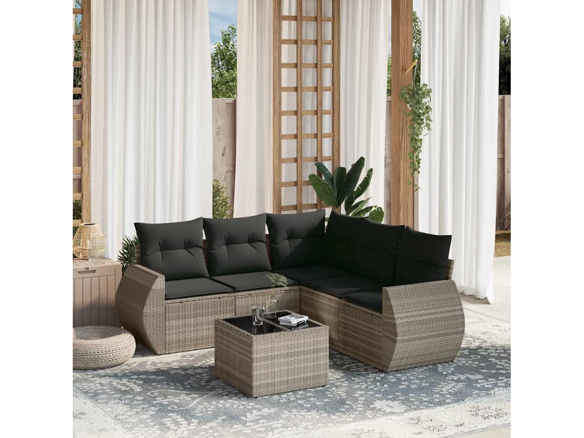 Vidaxl 6 Pcs Conj. Sofás Jardim Com Almofadões Vime Pe Cinzento-claro