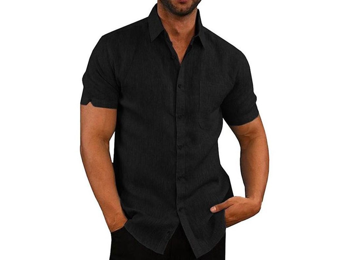 Camisa Casual Masculina De Algodão E Linho, Manga Curta, Listrada, Para Verão/primavera, Botão Capuz, Gola Lapela Preto