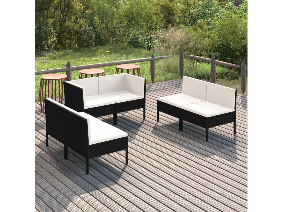 6 Pcs Conjunto Lounge De Jardim C/ Almofadões Vime Pe Preto Dkd Home Decor