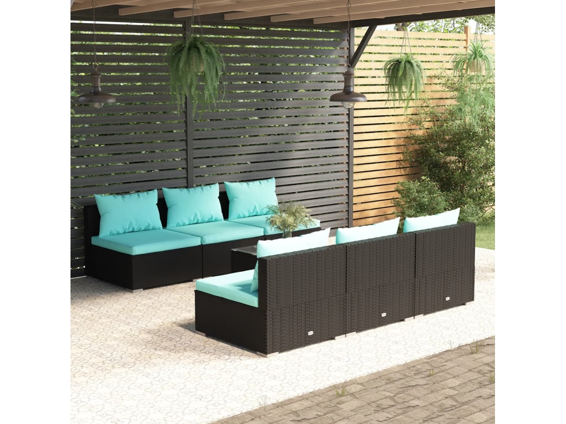 Vidaxl 7 Pcs Conjunto Lounge De Jardim C/ Almofadões Vime Pe Preto