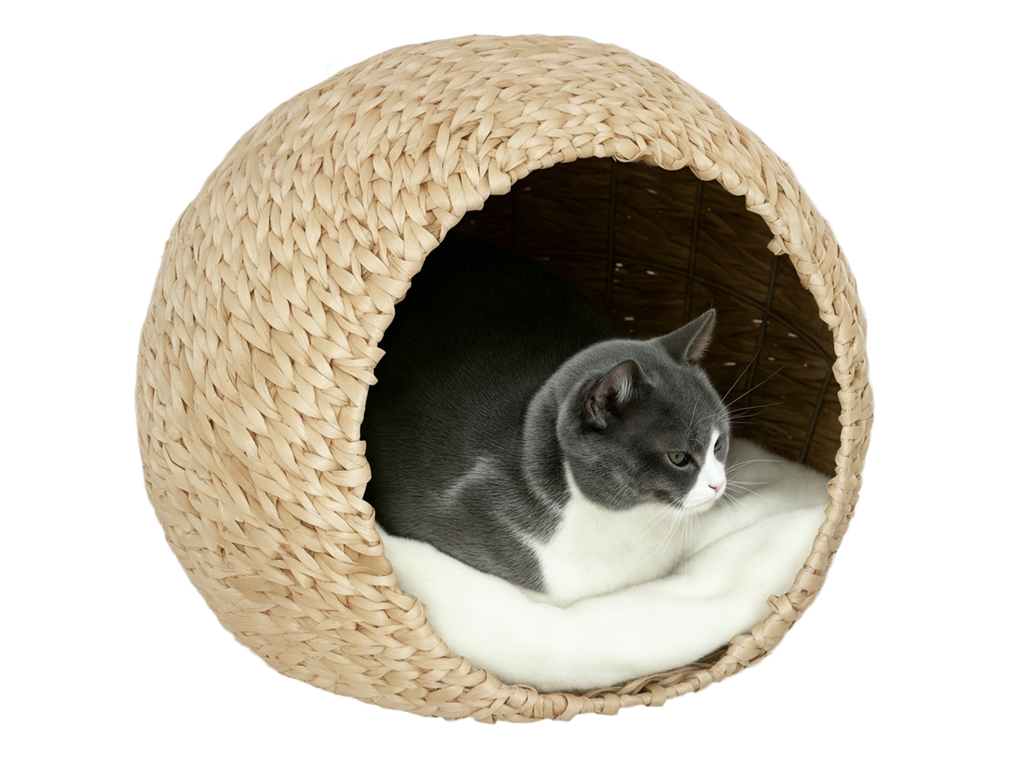 Cesta‑casinha Espaçosa Em Taboa, Almofada Macia, Cor Marrom, 45x41x37 Cm Para Companheiros De Lar