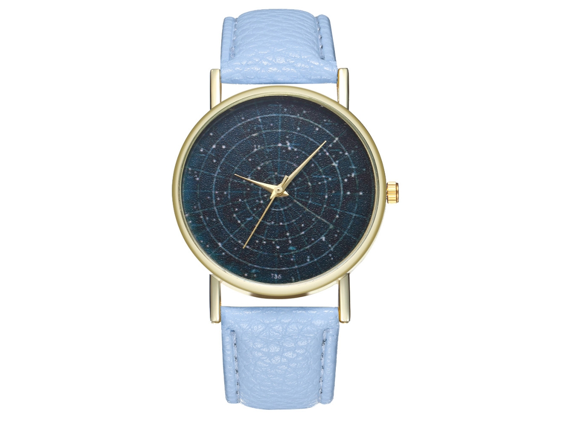 Relógio masculino com mostrador céu estrelado, movimento de quartzo e pulseira de couro azul claro.