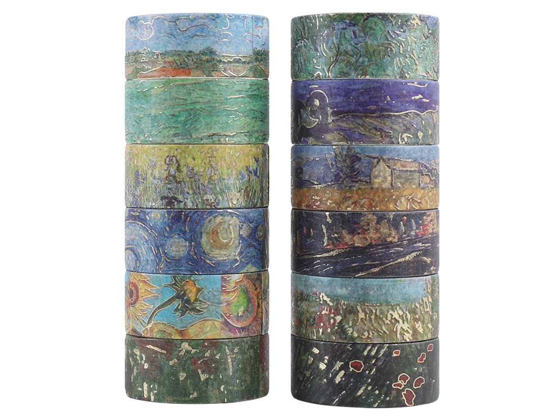 Fita Adesiva, 12 Rolos, Fita Adesiva Com, Estampa Fofa Em Folha De Ouro Da Série De Pinturas De Van Gogh Decora
