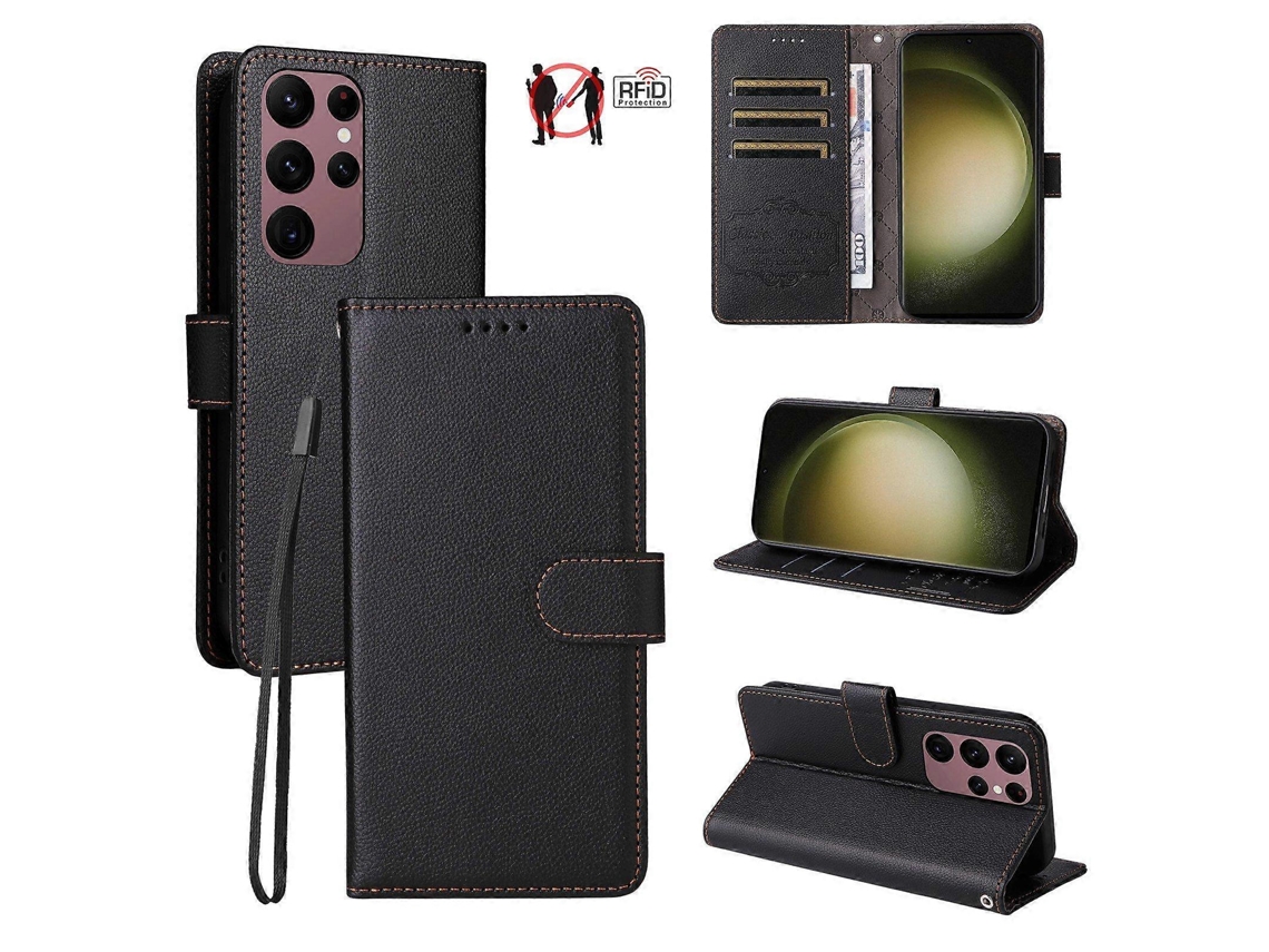 Capa De Couro Para Celular Com Bloqueio Rfid E Textura De Lichia Para 3 Cartões