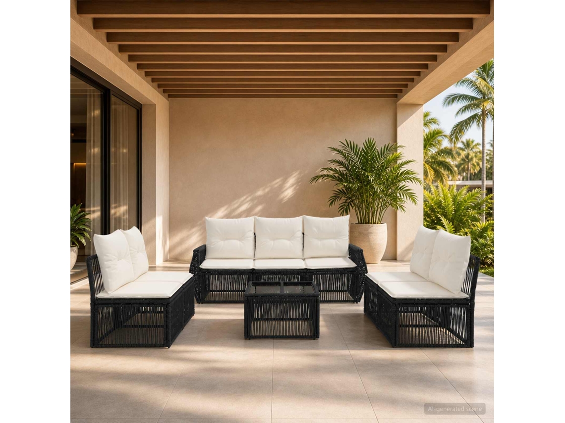 Vidaxl Conjunto De Sofá De Jardim 8 Unid. Preto E Branco Creme Vime Pe