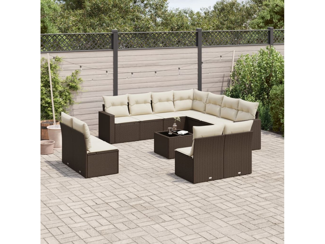 Vidaxl 12 Pcs Conjunto De Sofás Jardim Com Almofadões Vime Pe Castanho