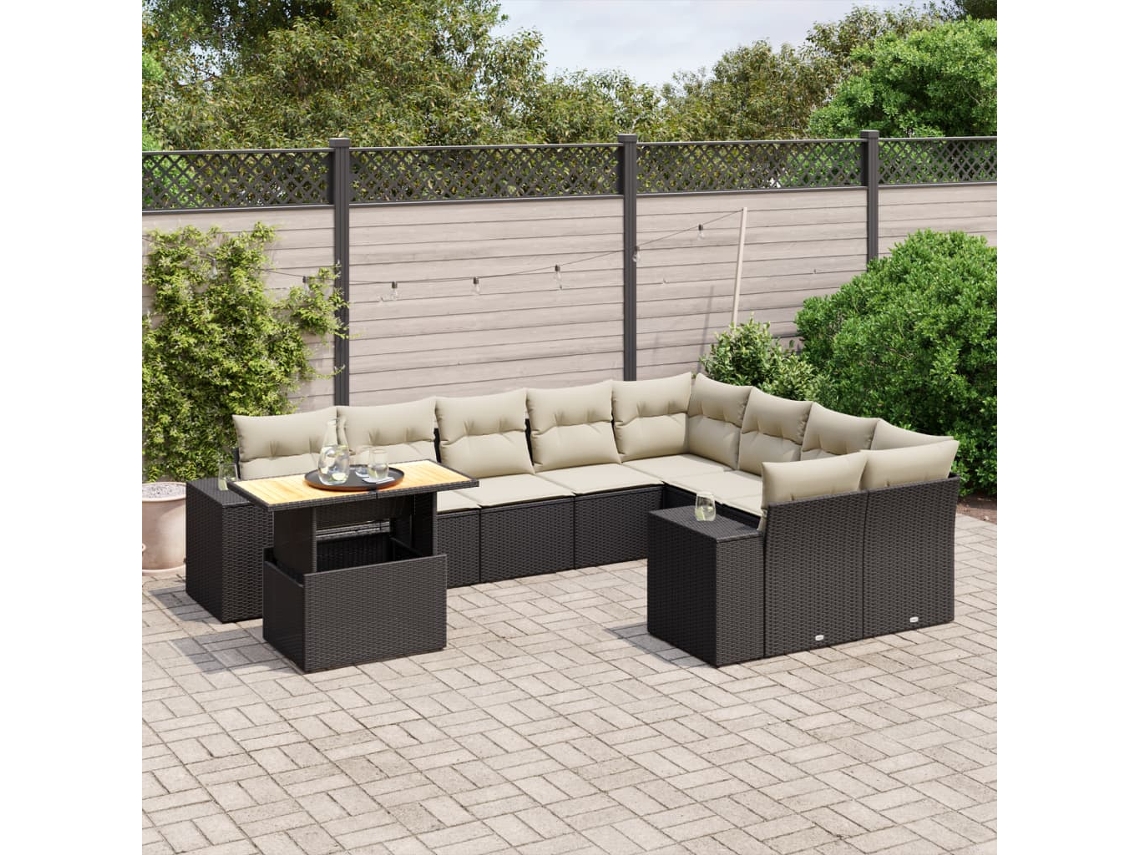 Vidaxl 10 Pcs Conjunto Sofás De Jardim C/ Almofadões Vime Pe Preto