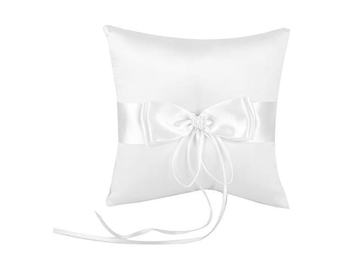 2026 almohadilla para Anillos de Boda de Seda Blanca Con Moño Y Perlas Simuladas 15x15cm