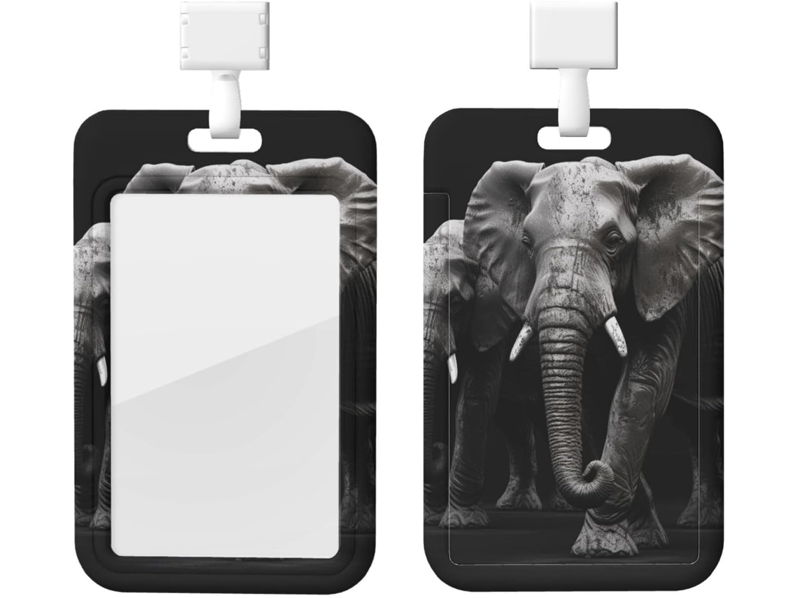 Porta-cartões 3D Crachá com estampa de elefante cinza, protetor de cartão vertical com cordão, camada plástica impermeável, Estojo