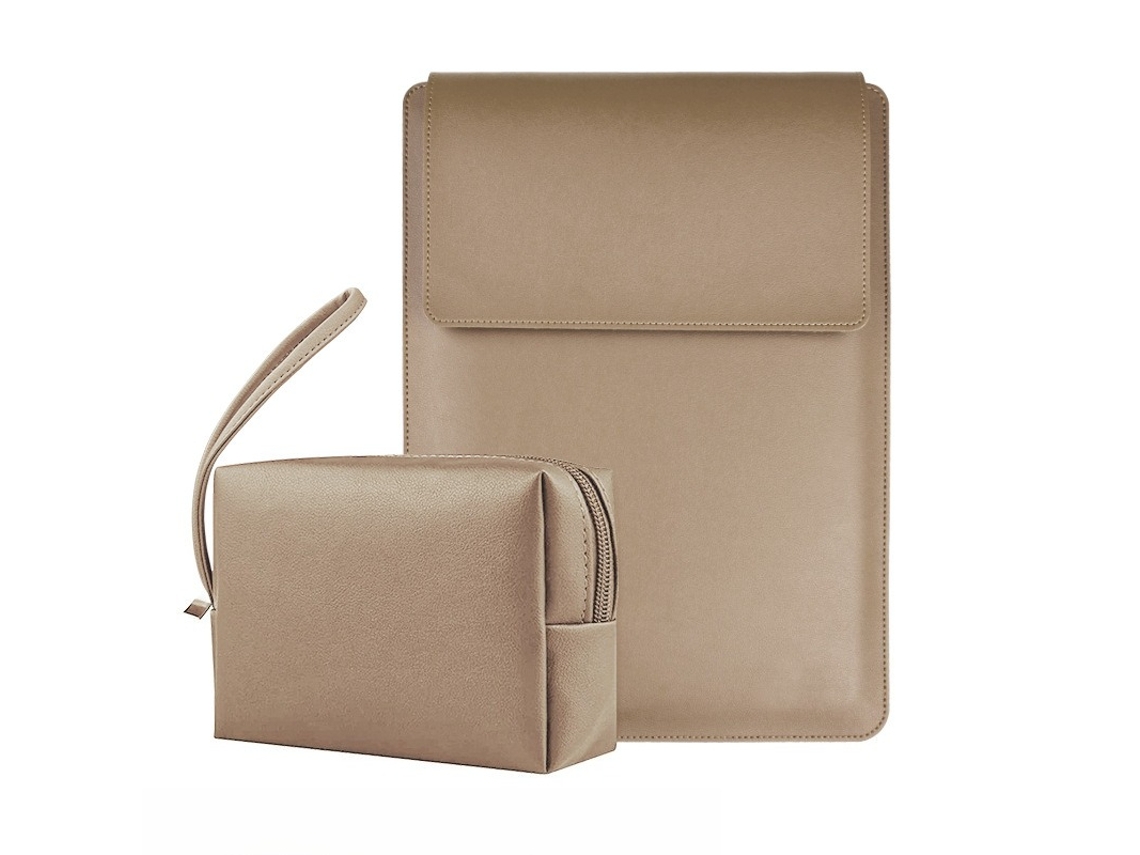 Capa para Portátil HEXINYIGJLY de 13 Polegadas em Pele com Bolsa para Acessórios Caqui