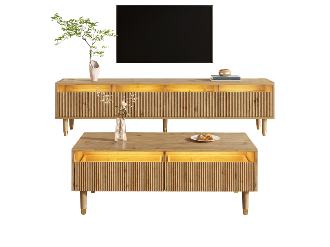 Móvel Led Moderno: Rack Tv 4 Portas E Mesa Centro 2 Gavetas – Design Madeira E Dourado, Luz Led, Frente Acrílica E Ondulada Para Sala Elegante.