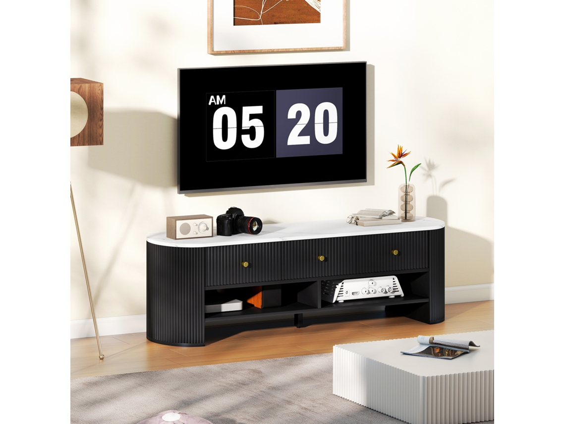 Móvel Para Tv De 140 Cm, Para Tvs De 65 Polegadas, Com Efeito Mármore, Com 3 Gavetas Com Frentes Caneladas E 2 Prateleiras, Preto.