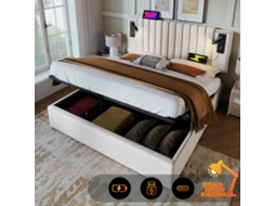 Cama Box 180x200 Com Cabeceira, Luz De Leitura Usb E Gavetão - Estrutura Em Algodão Bege (sem Colchão)