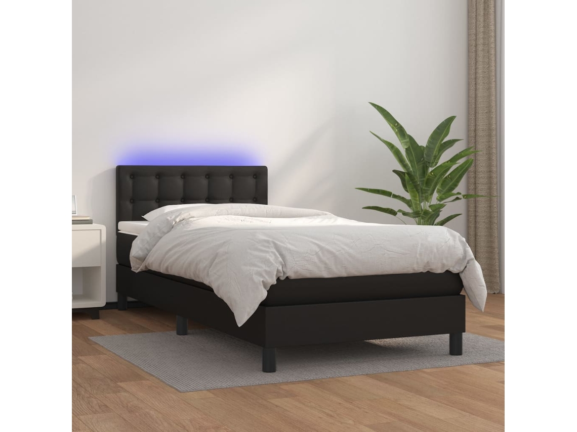 Cama Box Spring C/ Colchão/led 90x200 Cm Couro Artificial Preto