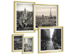 Quadros Decorativos Para Parede Cidade Litorânea, Limões E Flores Moldura Dourada Imagens Para Um Quarto Infantil Espelharte (conjunto De 5 Imagens)