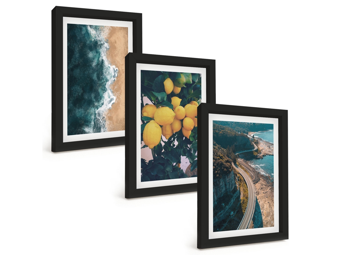 Composição De Quadros Praia, Limões E Montanhas Espelharte (3 Peças 20x30 Cm)