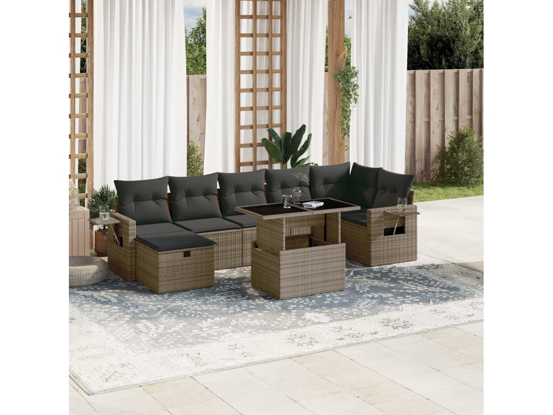 Vidaxl 8 Pcs Conjunto Sofás De Jardim C/ Almofadões Vime Pe Cinzento