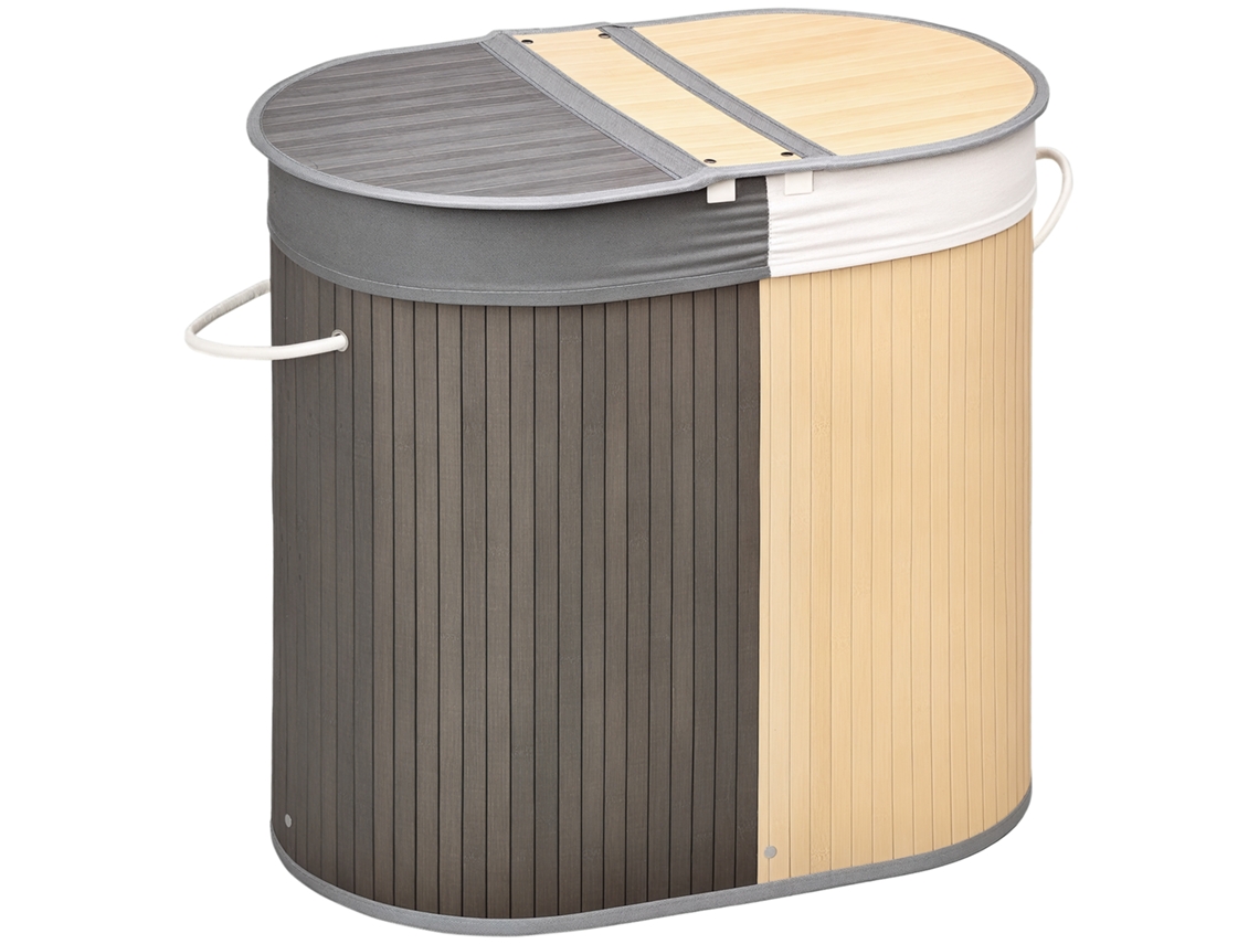 Cesto de Roupa em Bambu 100l com 2 Seções,tampa e Saco Removível 62,5x37x60,5cm cinza BTFORUS