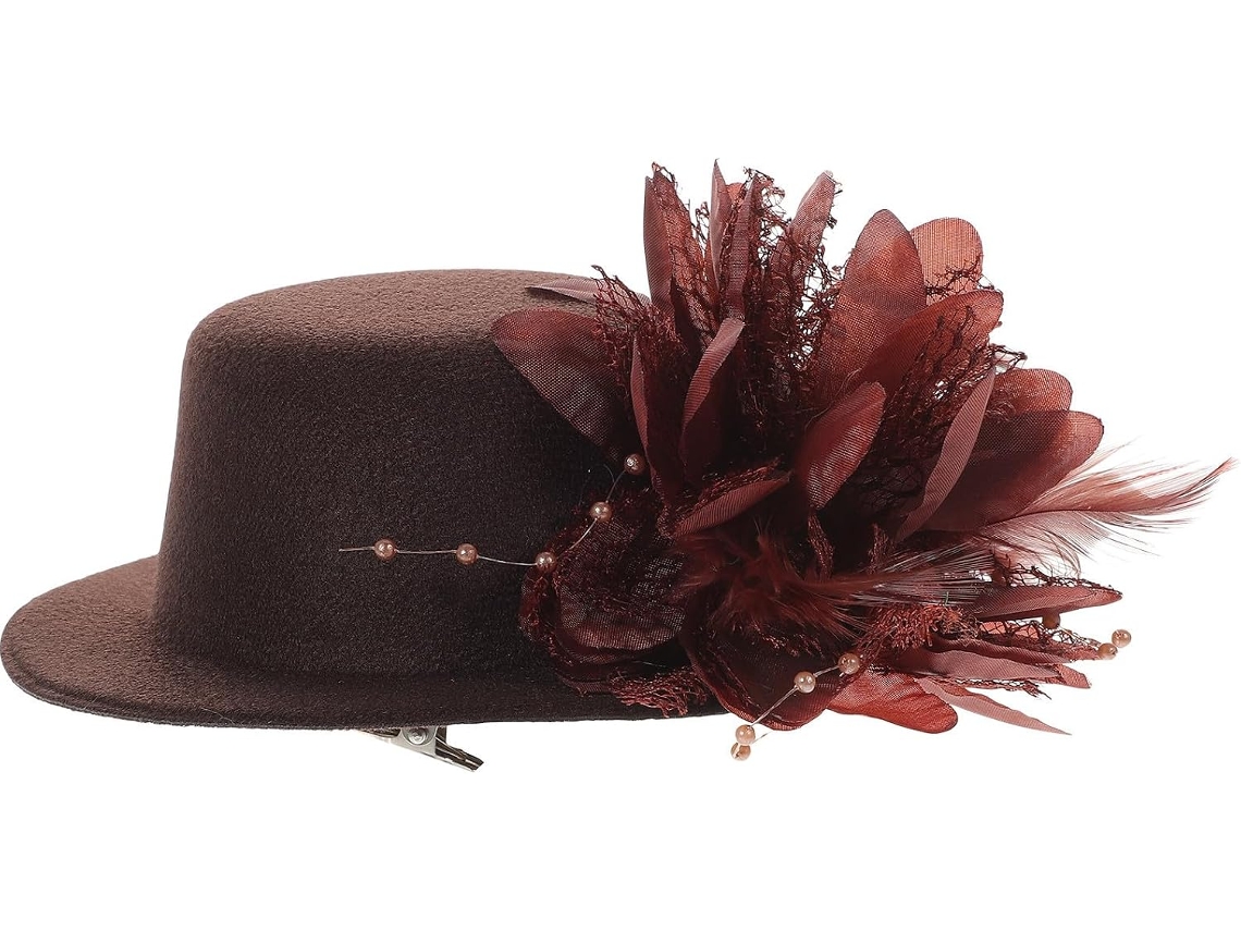 Presilha De Cabelo Elegante Em Renda Cor Café Com Flor E Penas